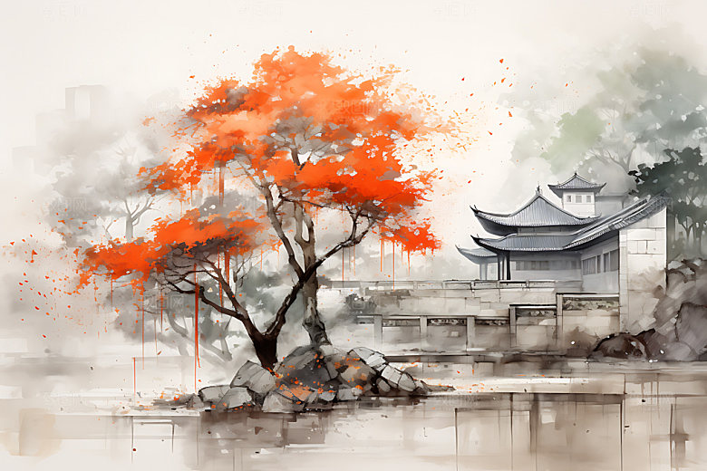 水墨秋天水彩手绘插画