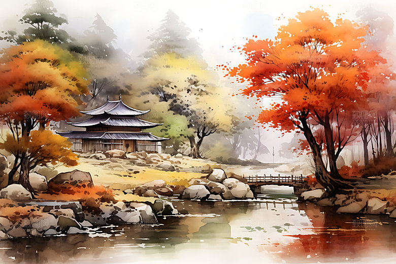 水墨秋天风光森林溪谷插画