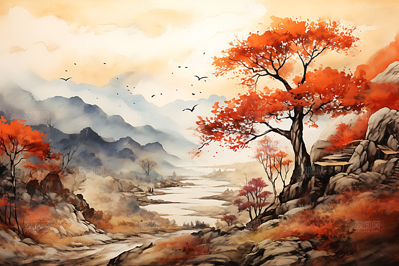 水墨秋天森林溪谷唯美插画