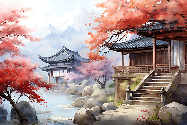 水墨秋天森林溪谷自然插画