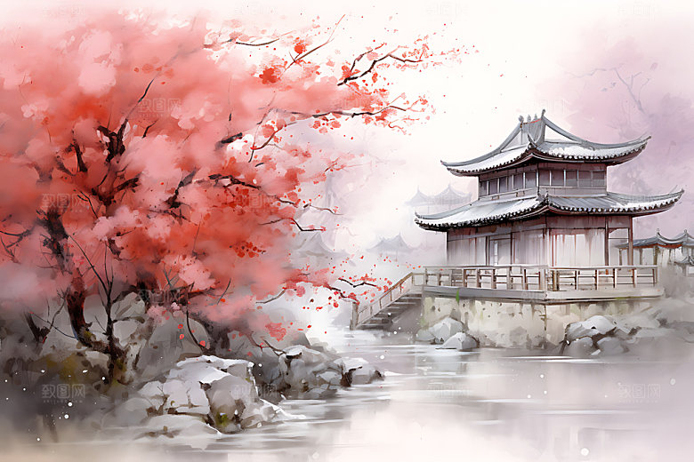 水墨秋天手绘秋叶插画