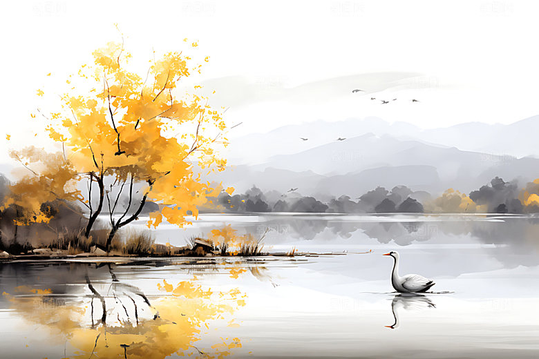 水墨秋天手绘秋叶插画