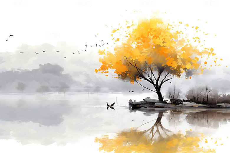 水墨秋天水彩风光插画