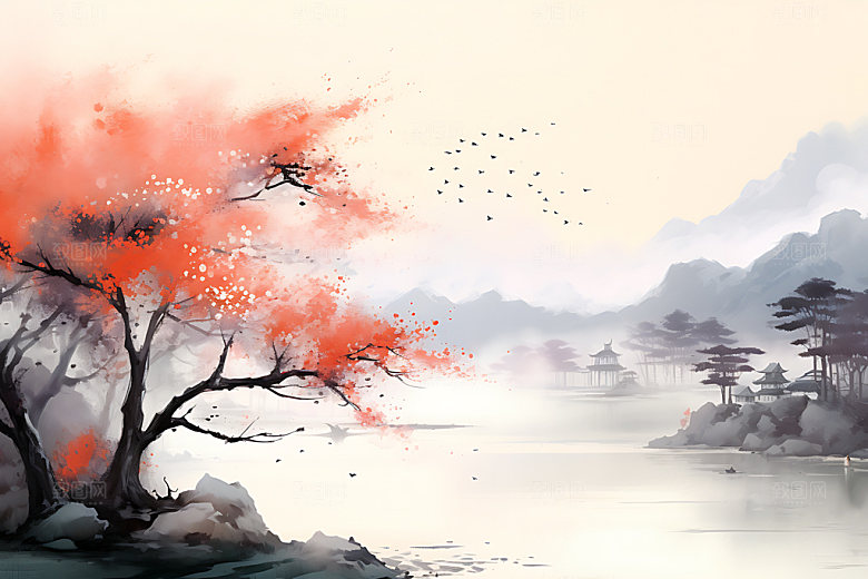 水墨秋天水彩手绘插画