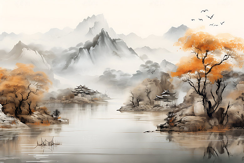 水墨秋天手绘森林溪谷插画