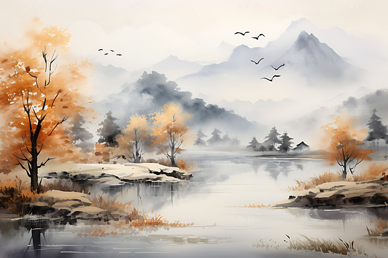 水墨秋天秋叶森林溪谷插画