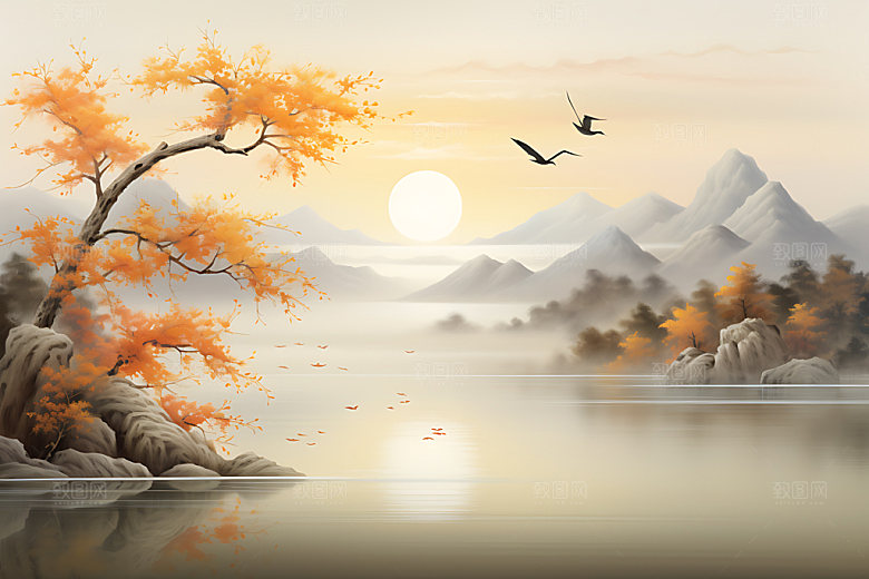 水墨秋天风光秋叶插画