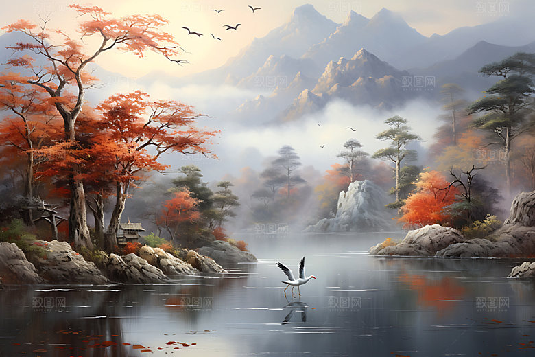 水墨秋天森林溪谷风光插画