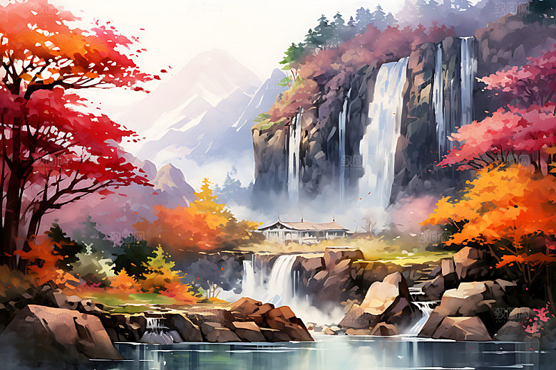 水墨秋天晕染国画中国风插画