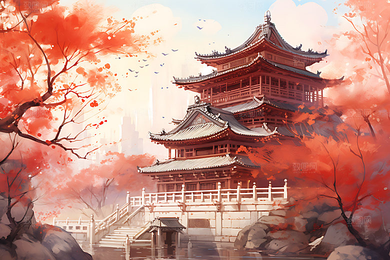 水墨秋天山水楼阁风光中国风插画