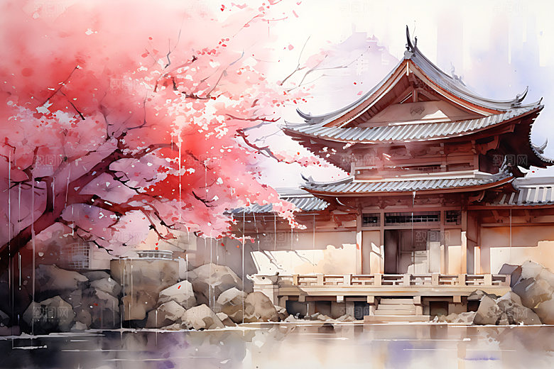 水墨秋天写实国画中国风插画