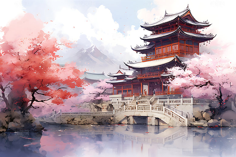 水墨秋天风光晕染中国风插画