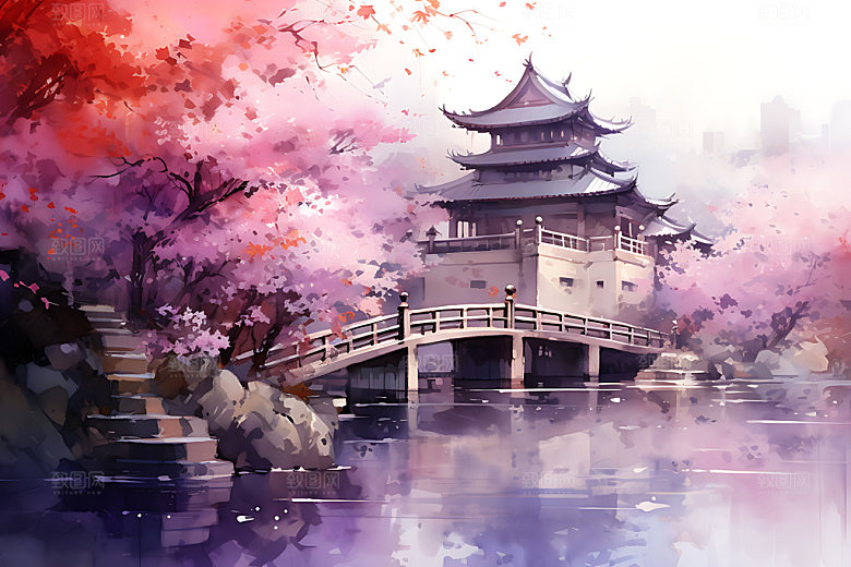 水墨秋天国画唯美中国风插画