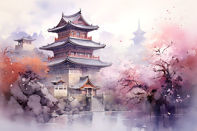 水墨秋天山水楼阁国画中国风插画
