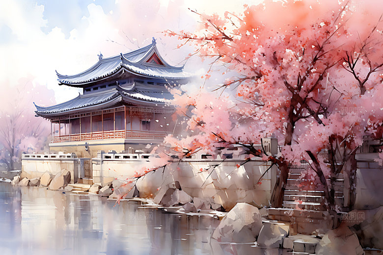 水墨秋天晕染山水楼阁中国风插画
