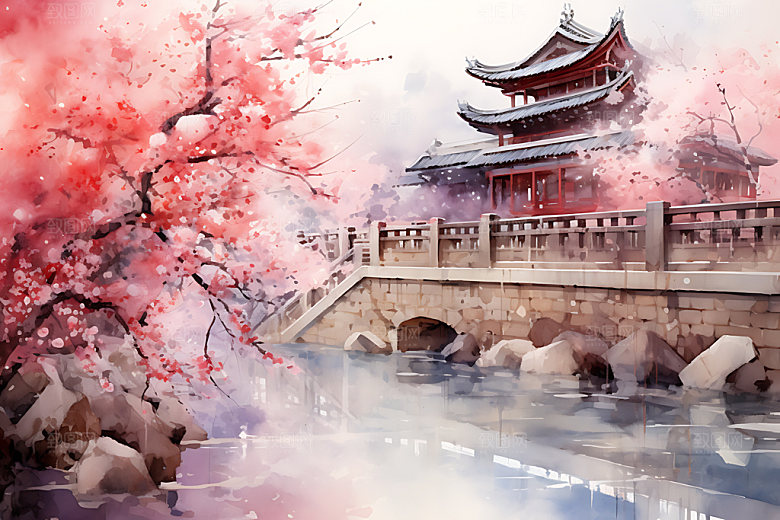 水墨秋天写实山水楼阁中国风插画