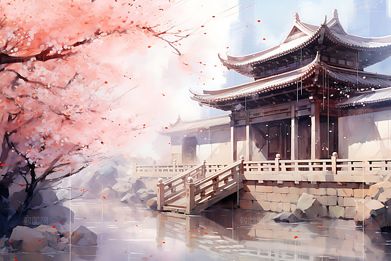 水墨秋天唯美国画中国风插画