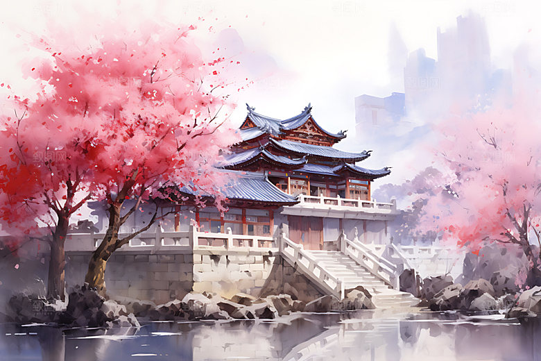 水墨秋天晕染写实中国风插画
