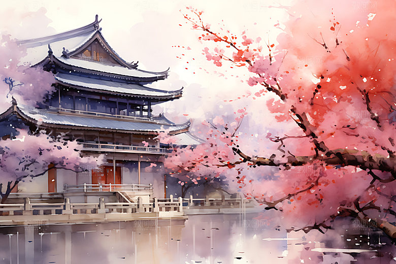 水墨秋天国画风光中国风插画