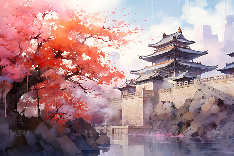 水墨秋天晕染写实中国风插画