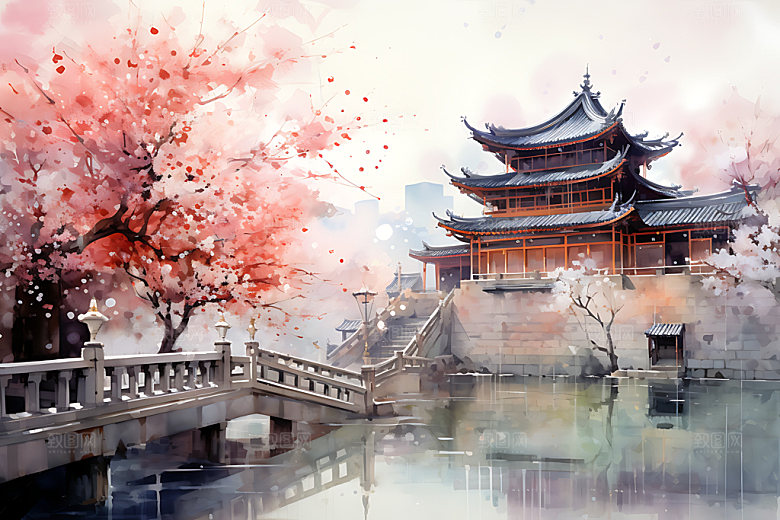 水墨秋天唯美写实中国风插画
