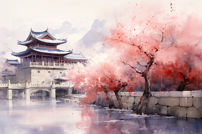 水墨秋天国画风光中国风插画