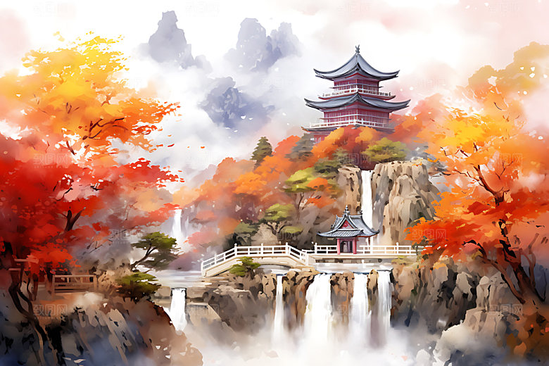 水墨秋天写实风光中国风插画