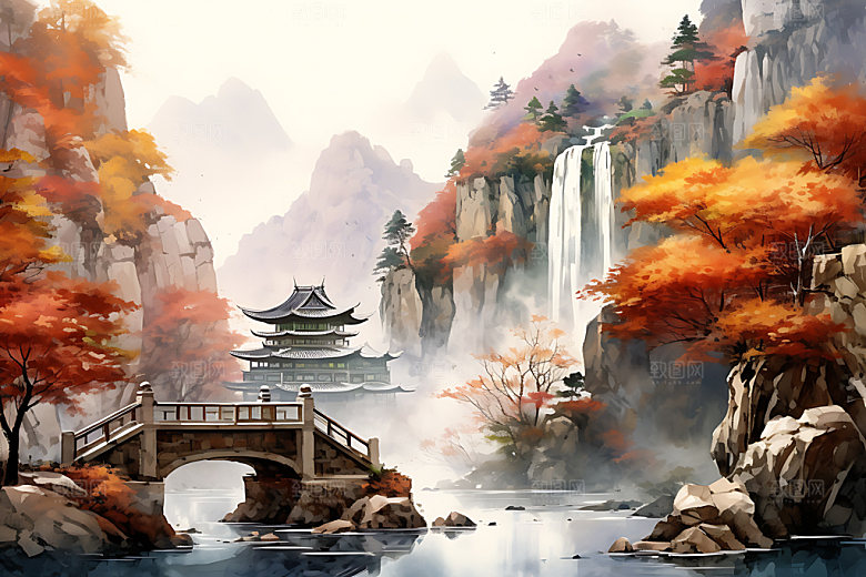 水墨秋天国画唯美中国风插画