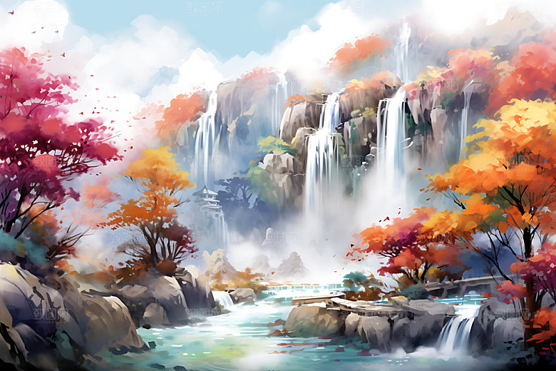 水墨秋天山水楼阁写实中国风插画