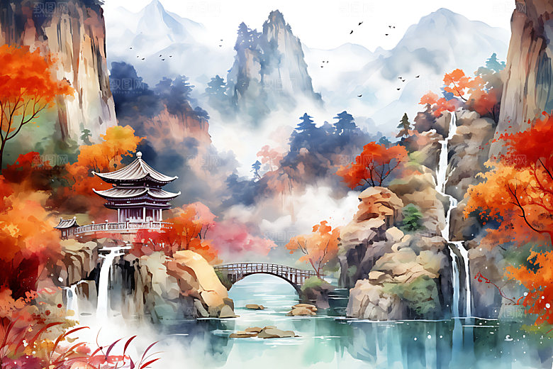 水墨秋天风光写实中国风插画