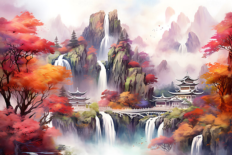 水墨秋天风光山水楼阁中国风插画