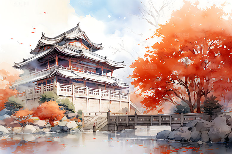 水墨秋天唯美晕染中国风插画