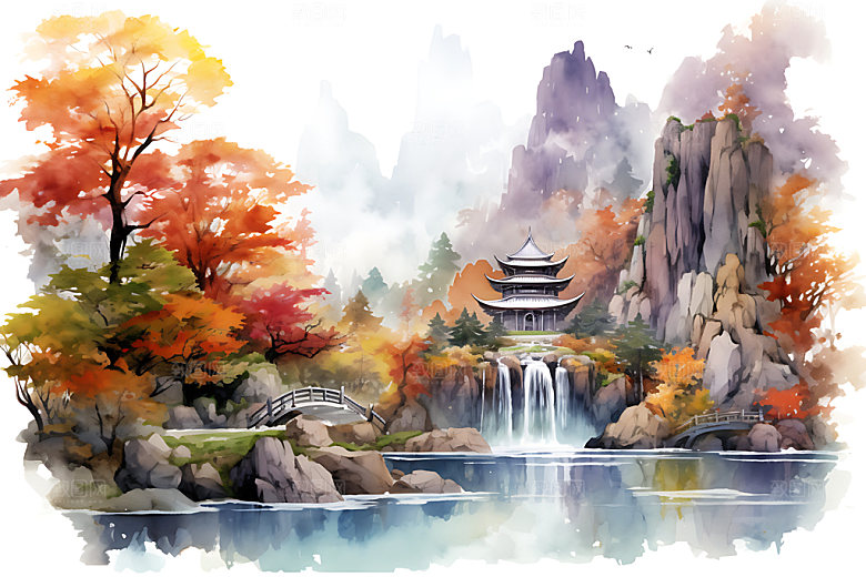 水墨秋天唯美山水楼阁中国风插画