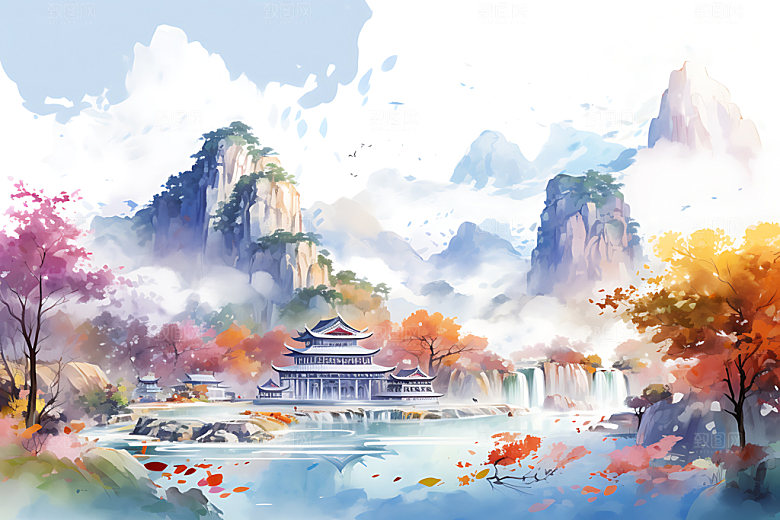 水墨秋天国画唯美中国风插画