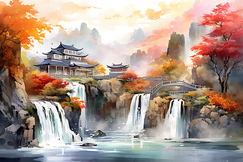 水墨秋天写实国画中国风插画