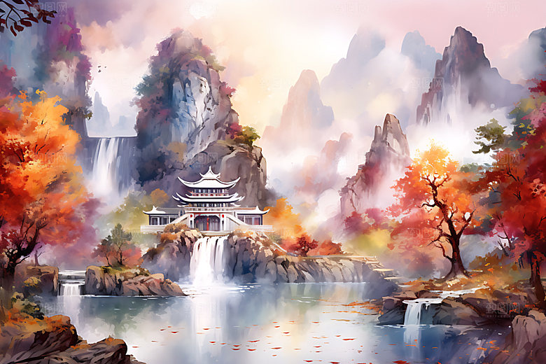 水墨秋天国画唯美中国风插画