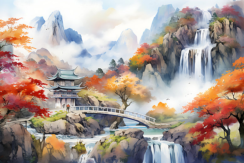 水墨秋天写实山水楼阁中国风插画