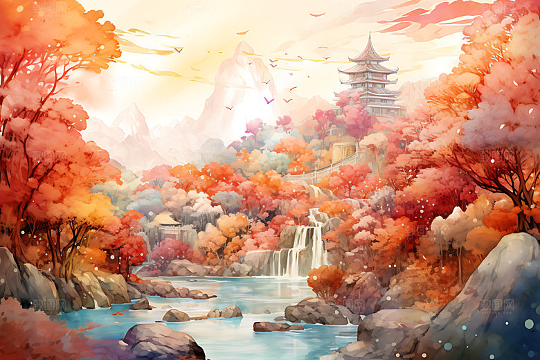 水墨秋天晕染唯美中国风插画