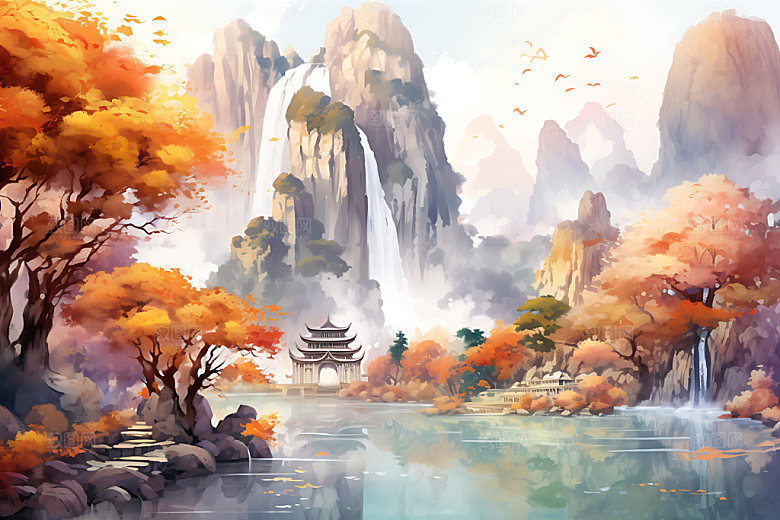 水墨秋天国画风光中国风插画