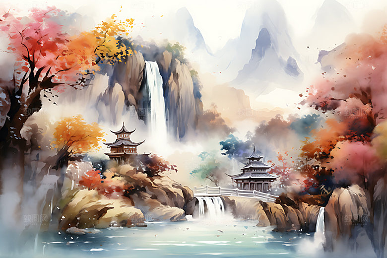水墨秋天写实国画中国风插画