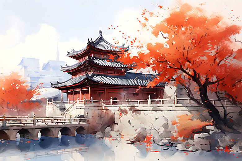 水墨秋天山水楼阁写实中国风插画