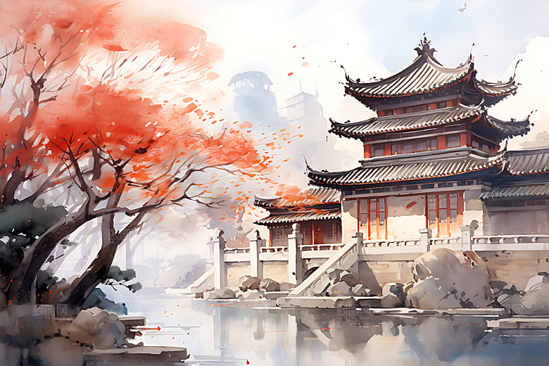 水墨秋天国画唯美中国风插画