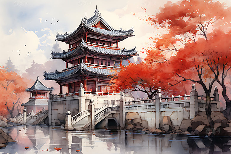 水墨秋天晕染国画中国风插画