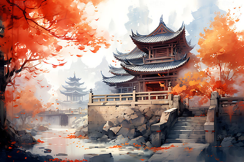 水墨秋天晕染写实中国风插画