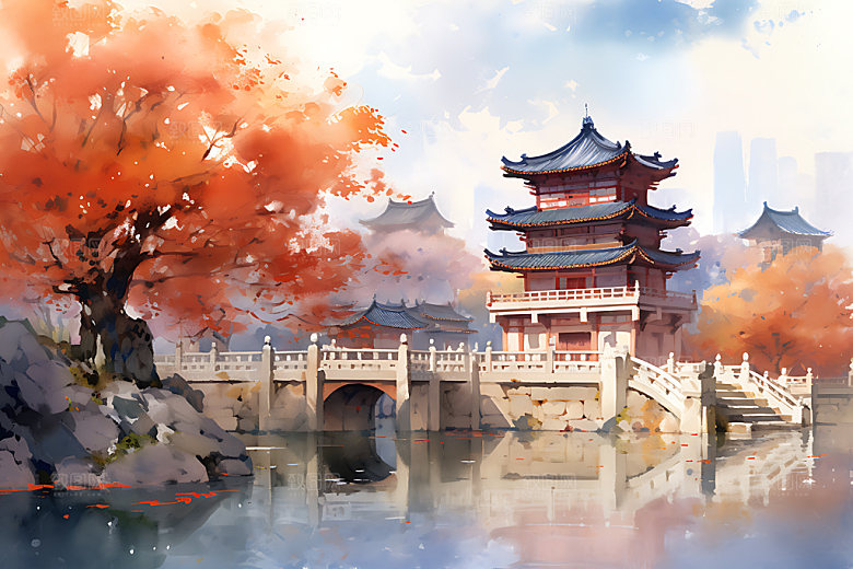 水墨秋天国画写实中国风插画