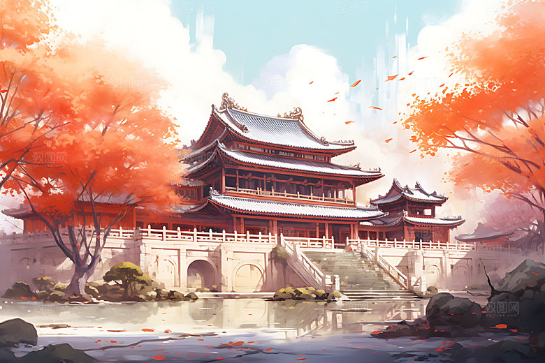 水墨秋天风光山水楼阁中国风插画