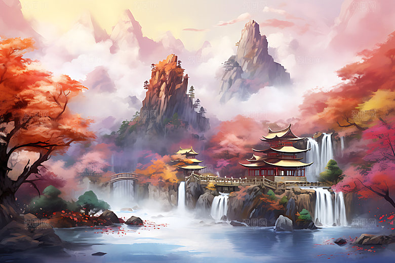 水墨秋天国画风光中国风插画