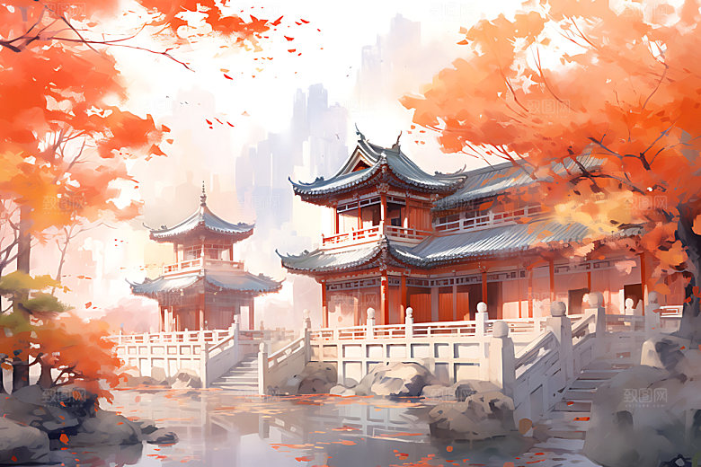 水墨秋天写实晕染中国风插画