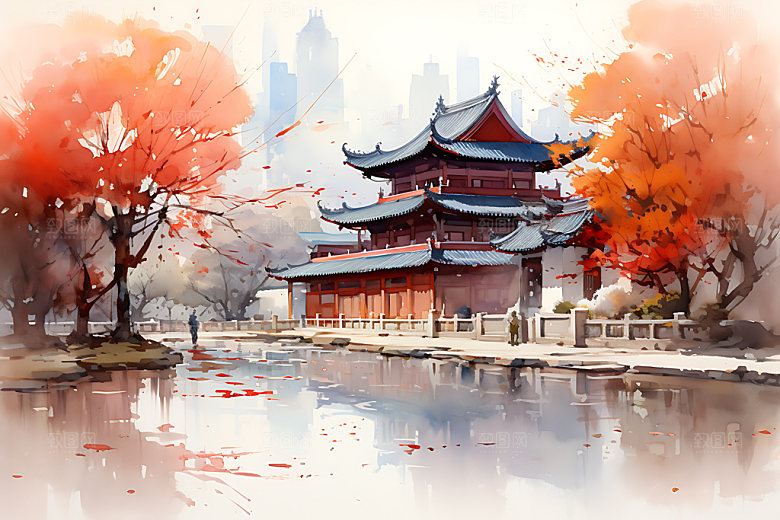 水墨秋天写实晕染中国风插画