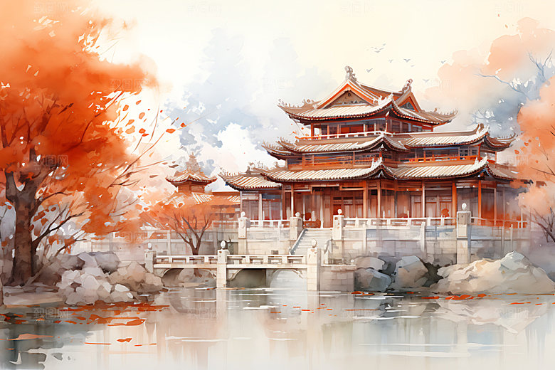 水墨秋天风光晕染中国风插画